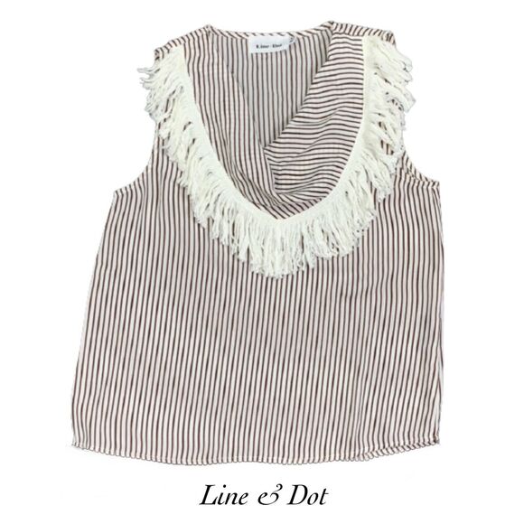 Line & Dot White Brown Stripe Cowl Neck Tassle Trim Blouse NWOT Size XS - Picture 1 of 7